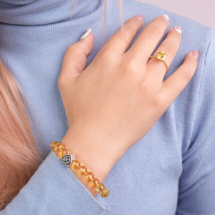 Yellow Citrine & Rose Quartz Bracelet with Heart Charm and Yellow Citrine Ring Set – Wear Image