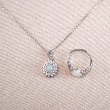 Opal Pendant Necklace and Opal Adjustable Ring Set - Main Image