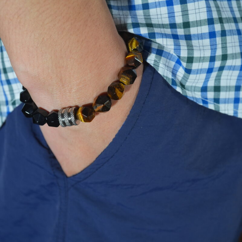 Wearing Tiger Eye & Obsidian Faceted Bracelet – Bold 8mm Crystal Beads for Men