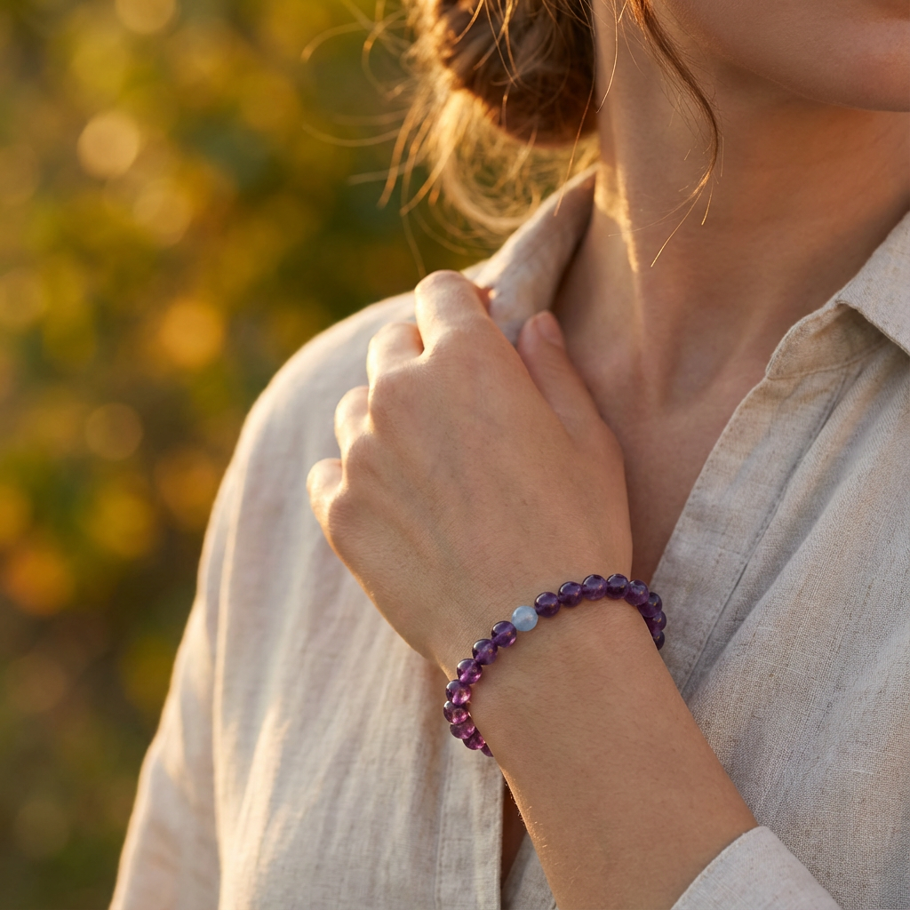 healing-crystal-bracelet-wear-4 A close-up of a woman wearing a crystal bracelet on her wrist in natural outdoor light, highlighting a calm lifestyle.