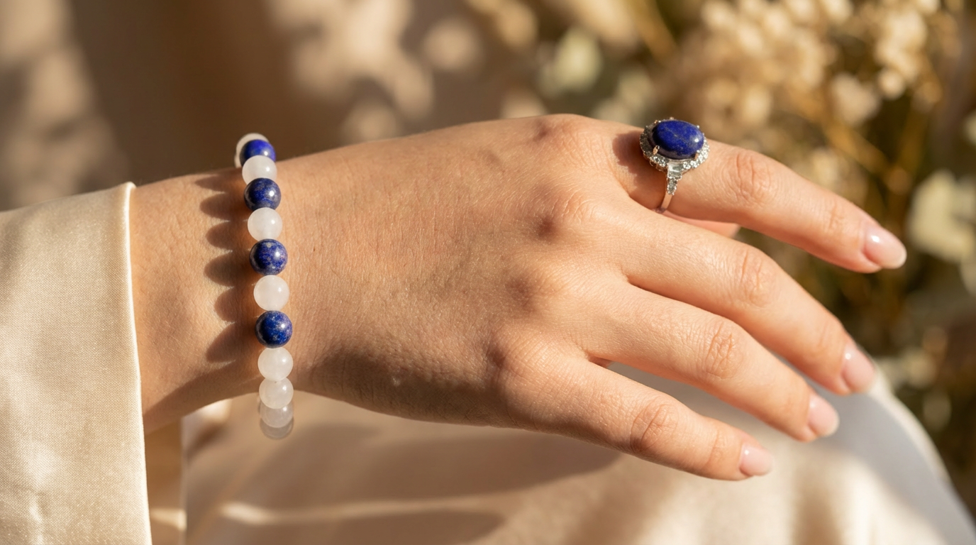 A hand wearing a blue and white crystal bracelet and a blue gemstone ring in warm natural light, showcasing elegant everyday jewelry styling and a soft blurred background.