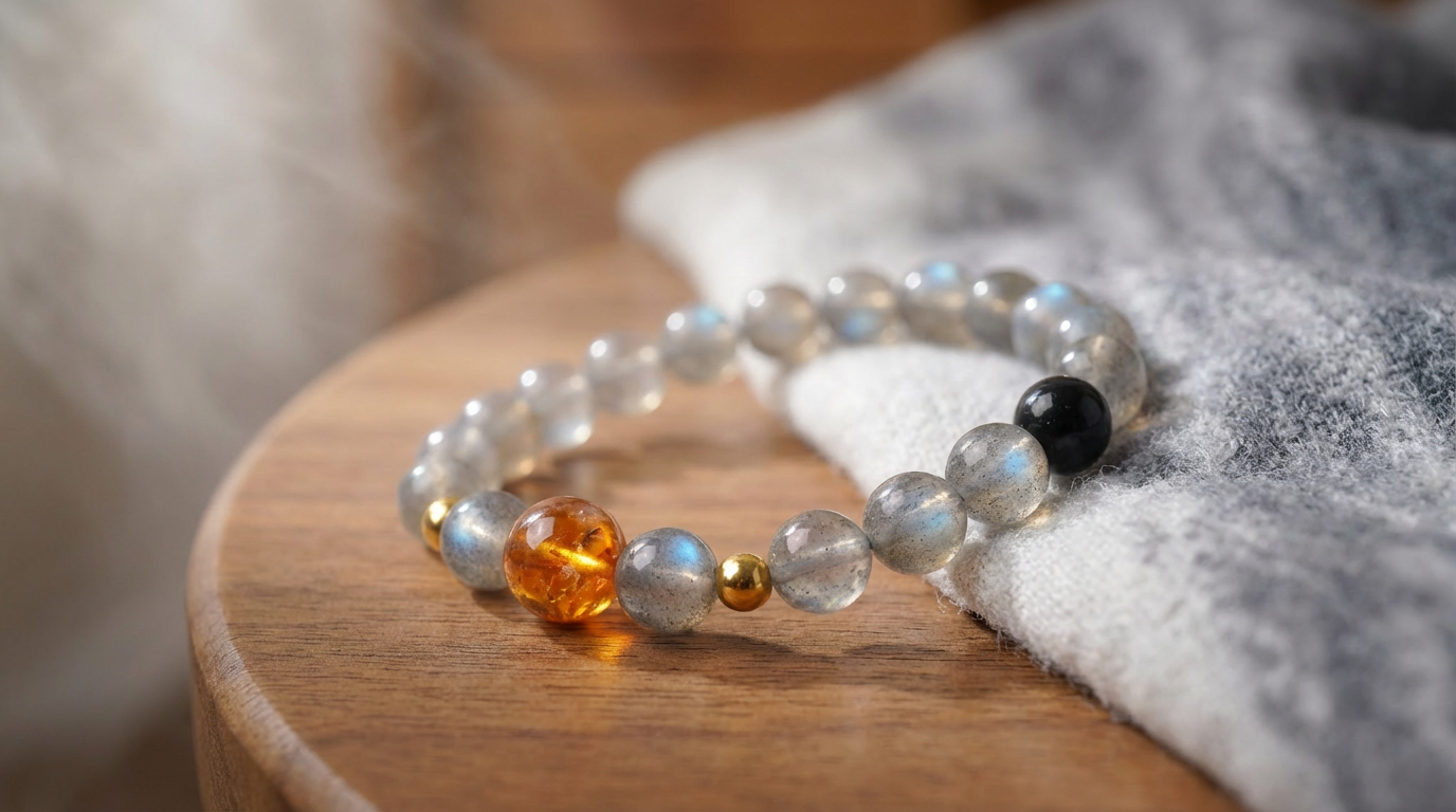 Close-up of a handmade grey moonstone bracelet featuring soft moonlight glow, natural crystal texture, and warm amber accent beads.