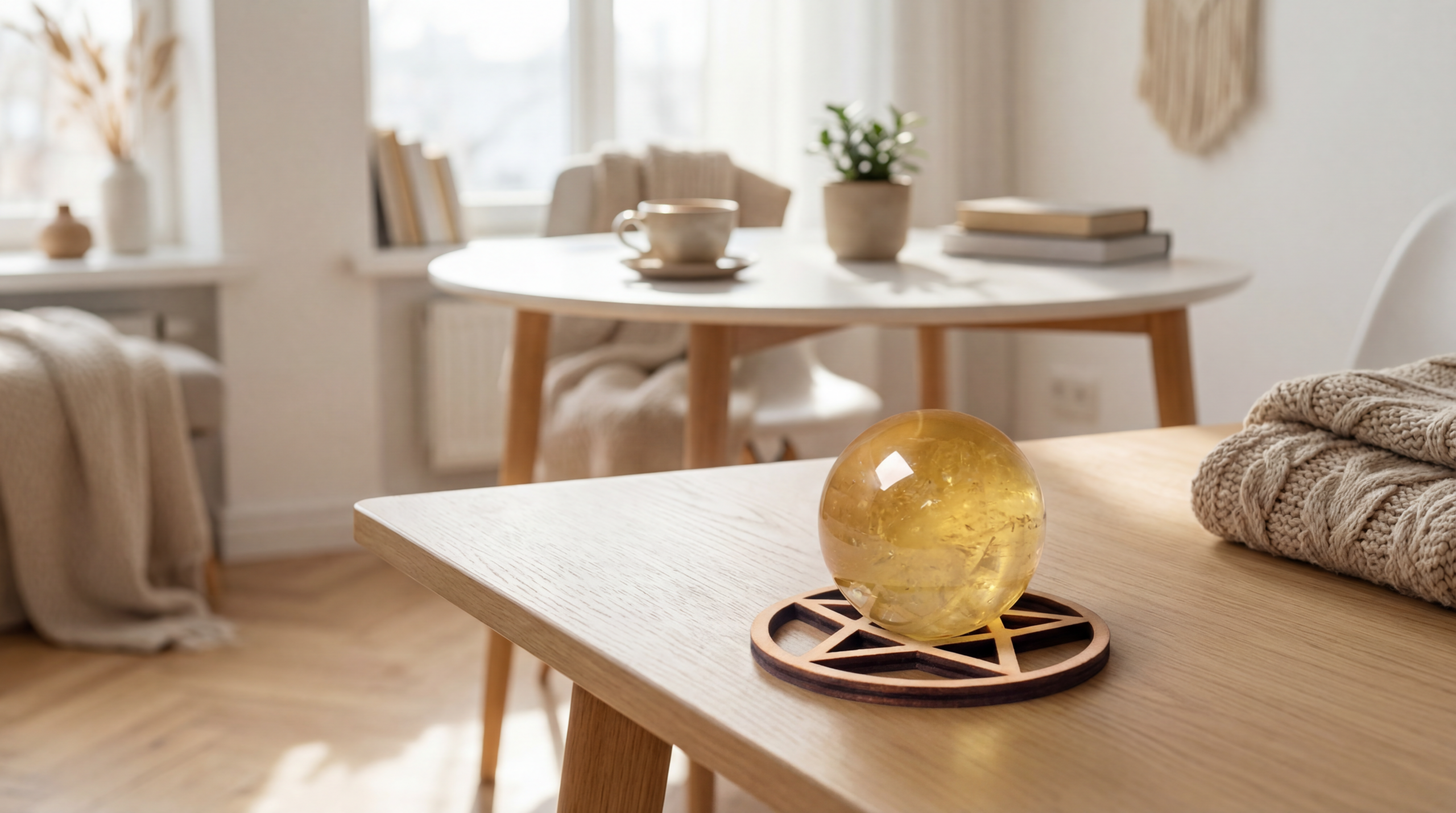 A yellow crystal sphere placed on a wooden table in a sunlit cozy home interior, creating a warm and calming atmosphere with natural light and minimalist decor. A yellow crystal sphere placed on a wooden table in a sunlit cozy home interior, creating a warm and calming atmosphere with natural light and minimalist decor.