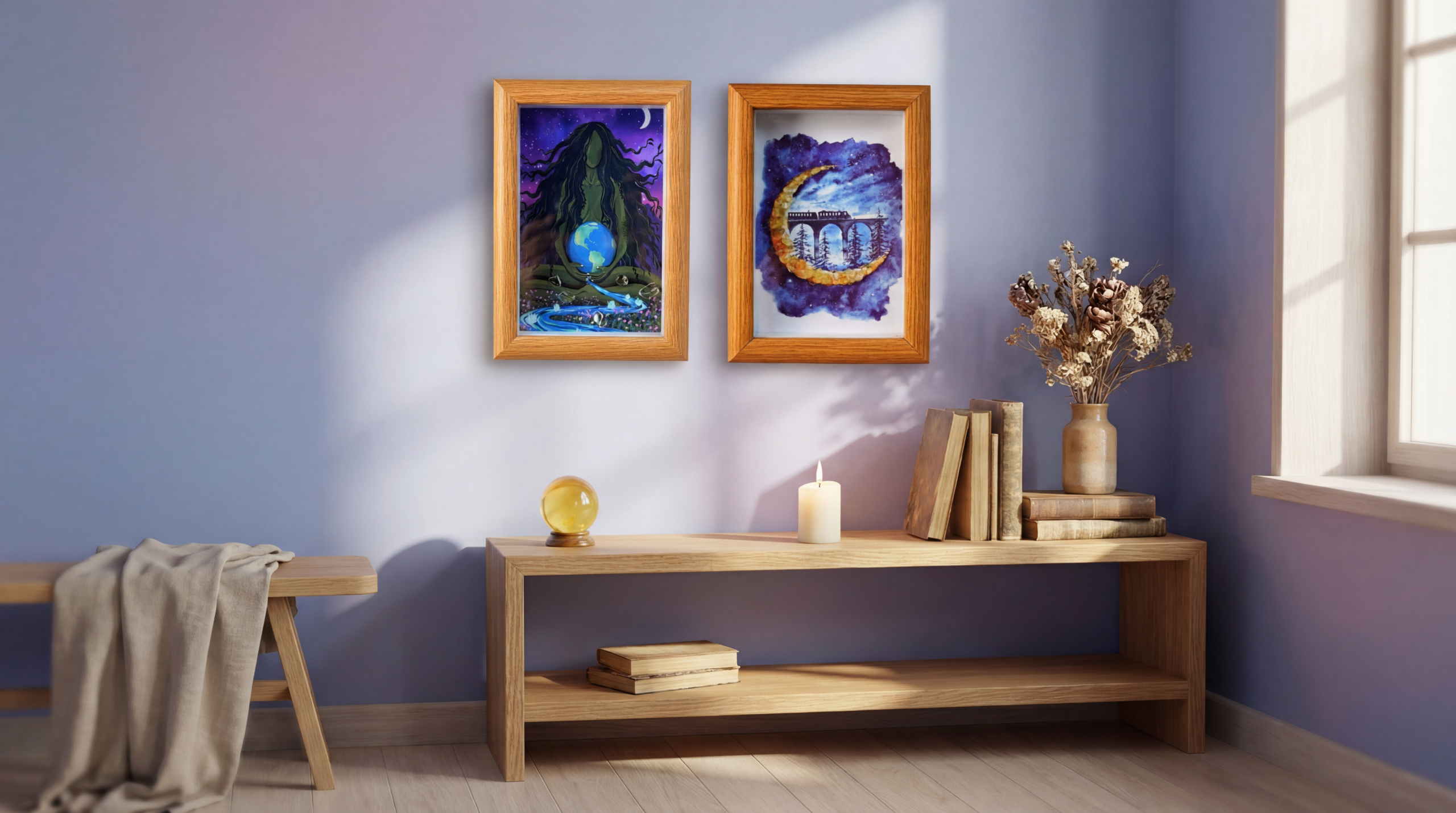 A modern living space featuring framed celestial art prints on the wall, a wooden console table with a crystal sphere, books, candle, and soft natural sunlight creating a calm and artistic atmosphere.