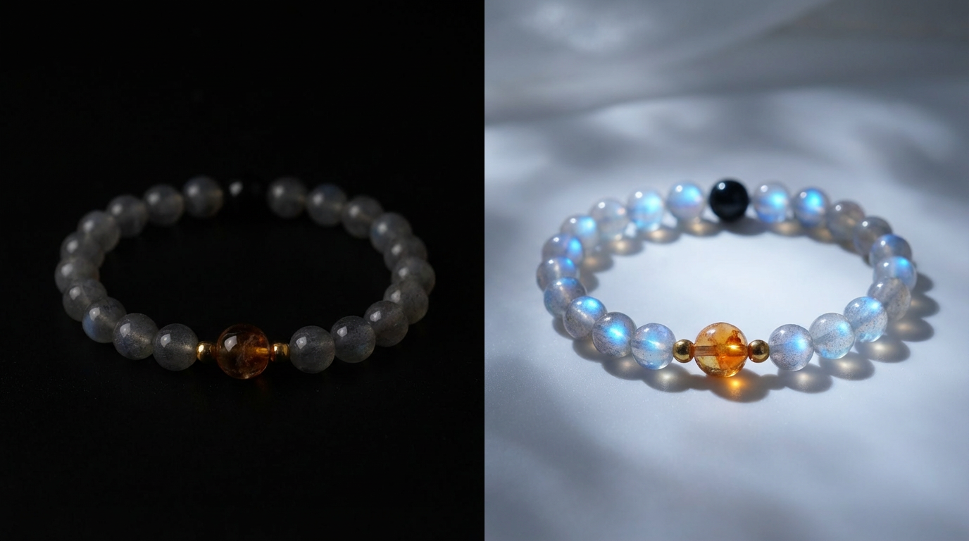 Handmade grey moonstone bracelet showing soft moonlight glow under natural light, featuring translucent gemstone beads and warm gold accent details