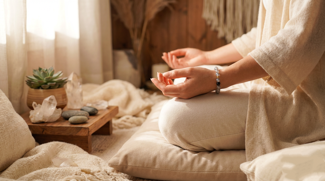 Person practicing meditation while wearing a crystal bracelet in a calm indoor setting, creating a peaceful evening ritual for mindfulness and emotional balance