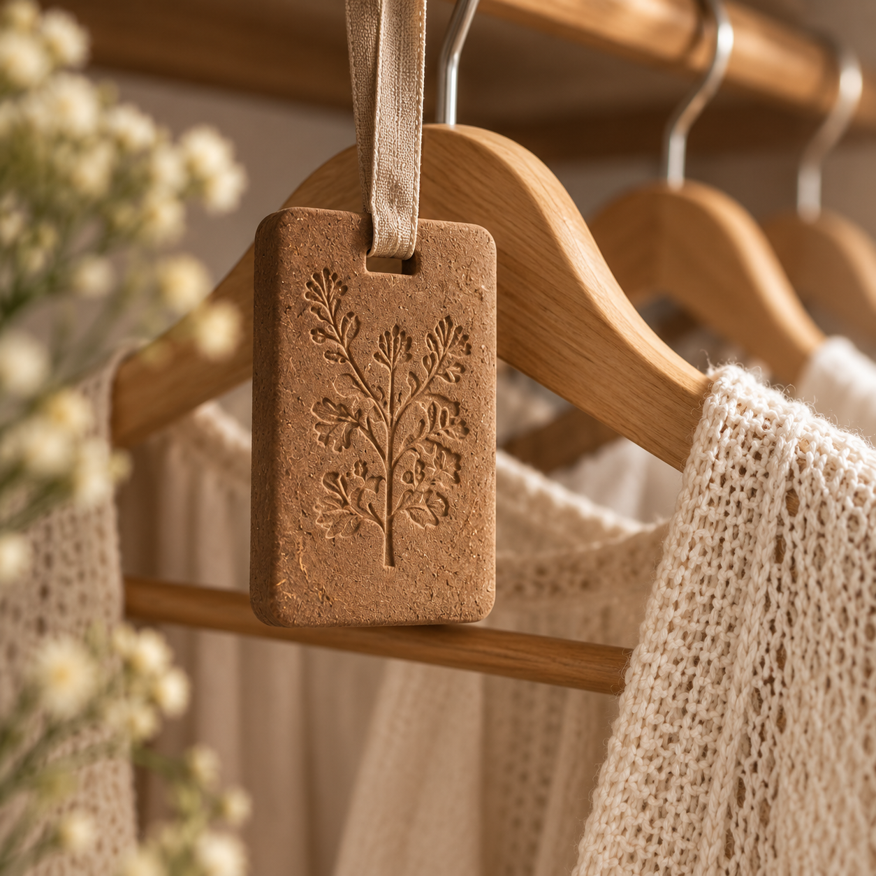 Sandalwood scent tag in neutral wardrobe
