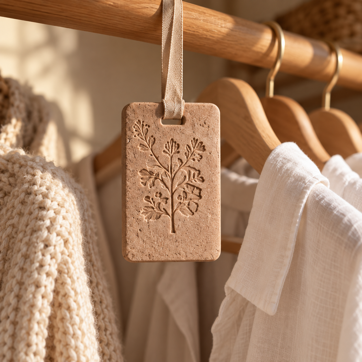 Botanical scent tag hanging inside a wardrobe