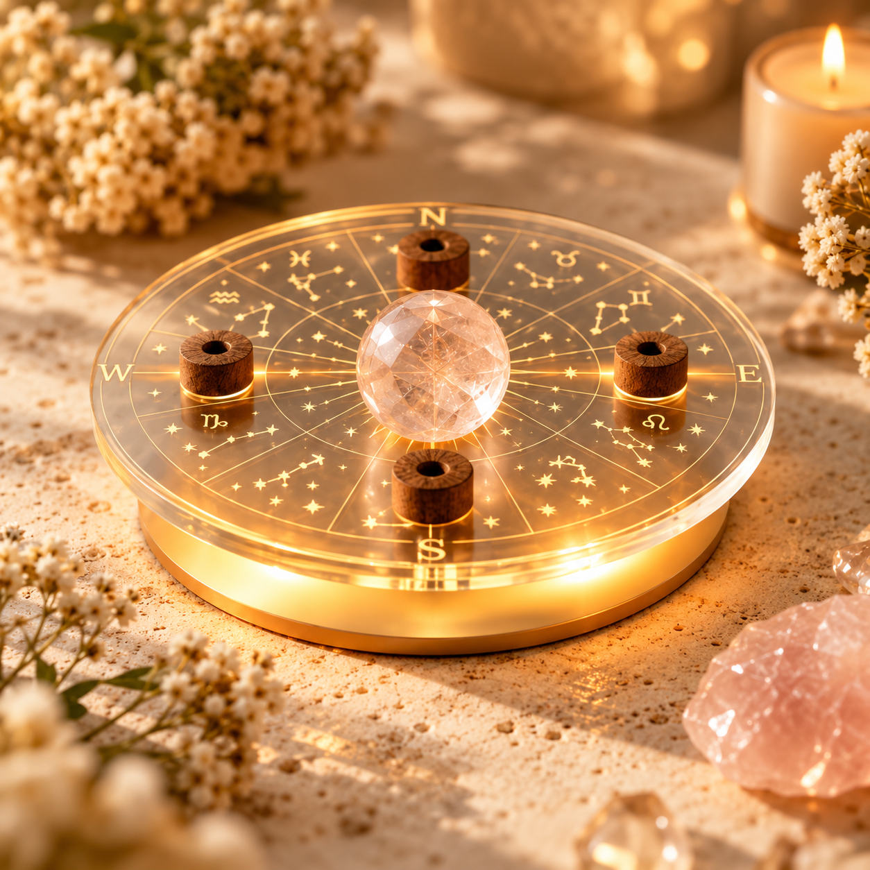 A golden zodiac crystal altar for botanical scent rituals