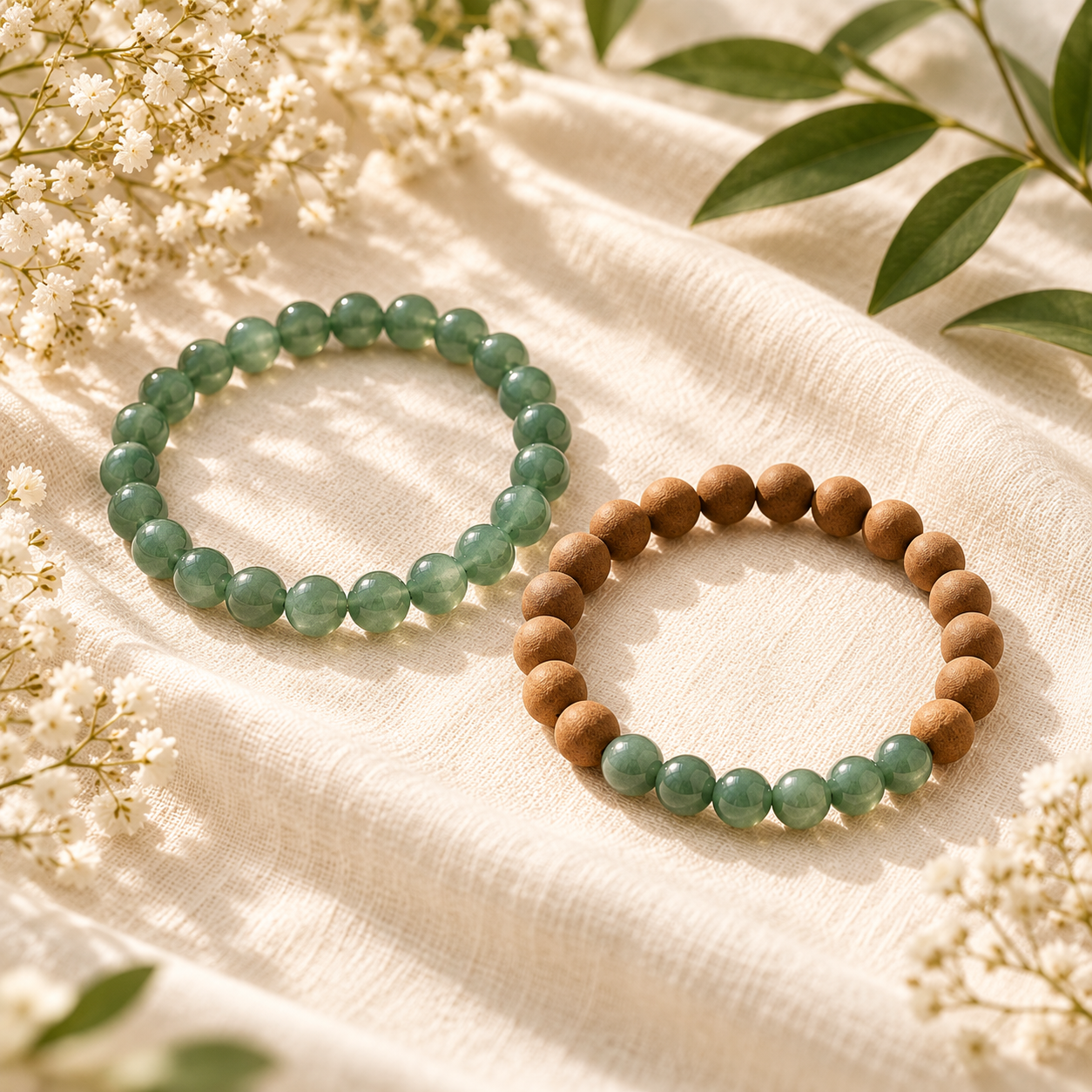 Finished botanical scent bead bracelets paired with green gemstones