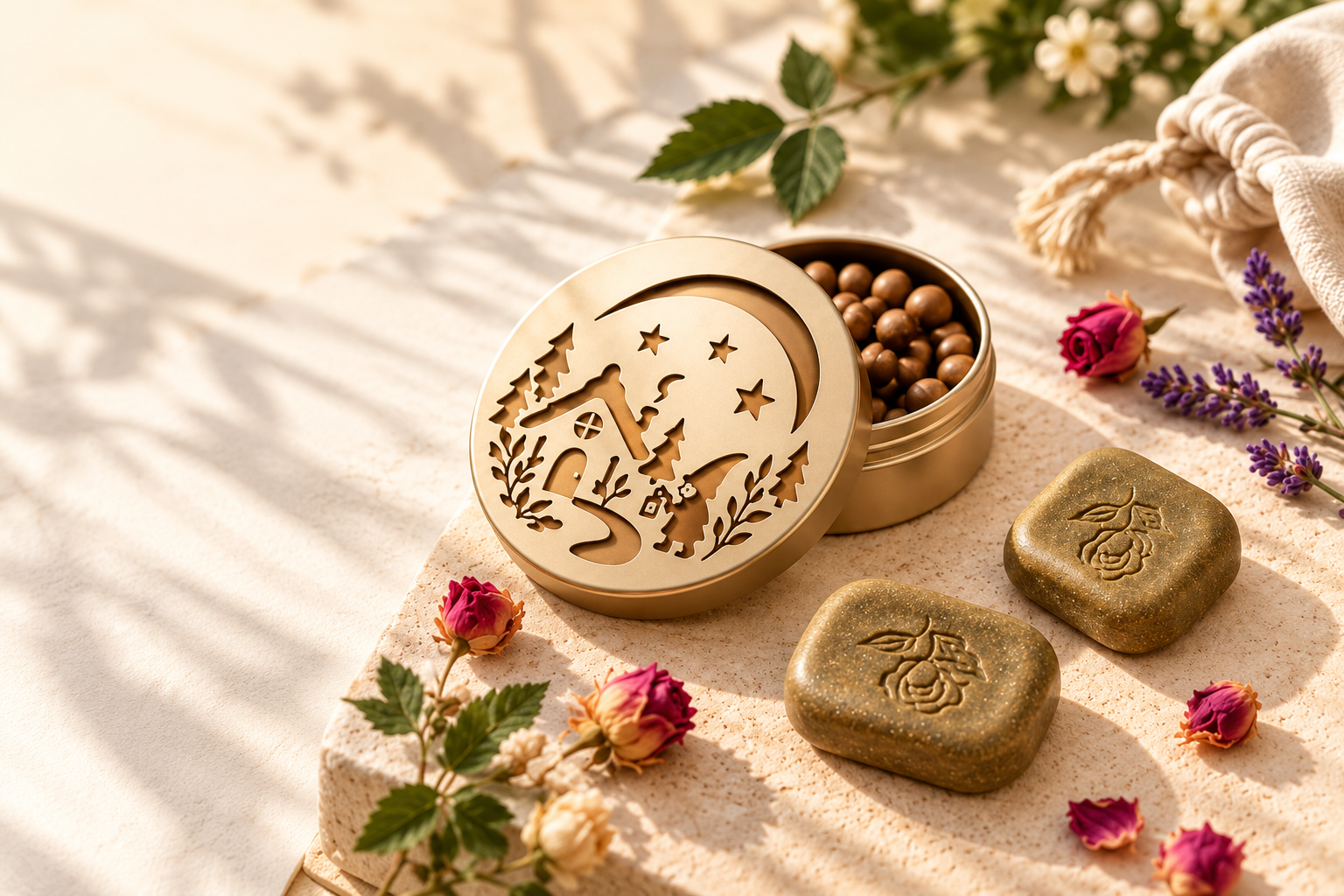 Mystarrysky botanical scent beads in a golden keepsake tin, surrounded by botanical scent blocks, roses and lavender