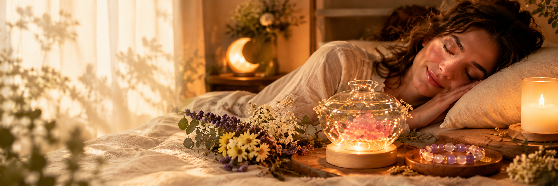 A peaceful nighttime botanical scent ritual with crystals, flowers and warm candlelight