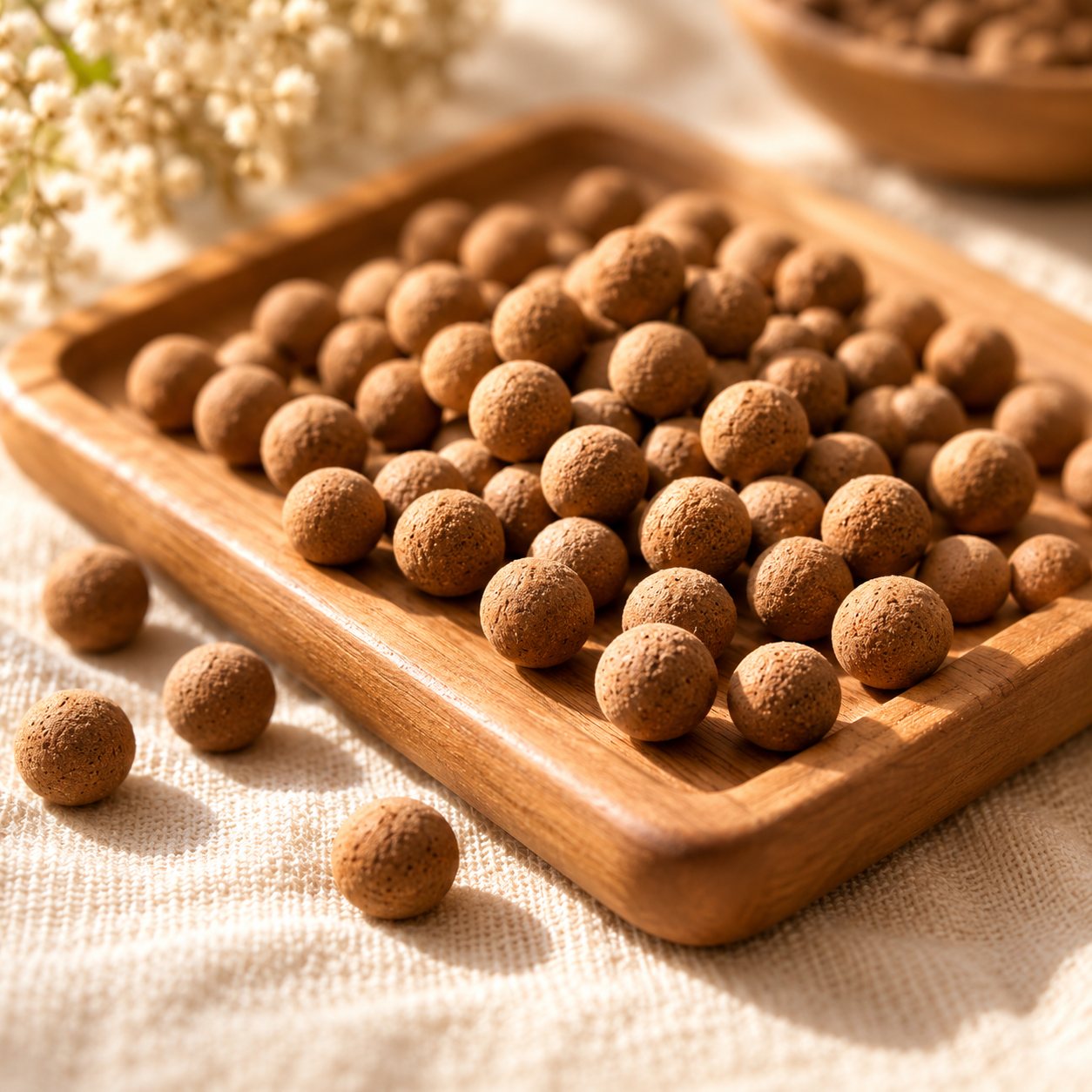 Hand-shaped botanical scent beads arranged on a wooden tray