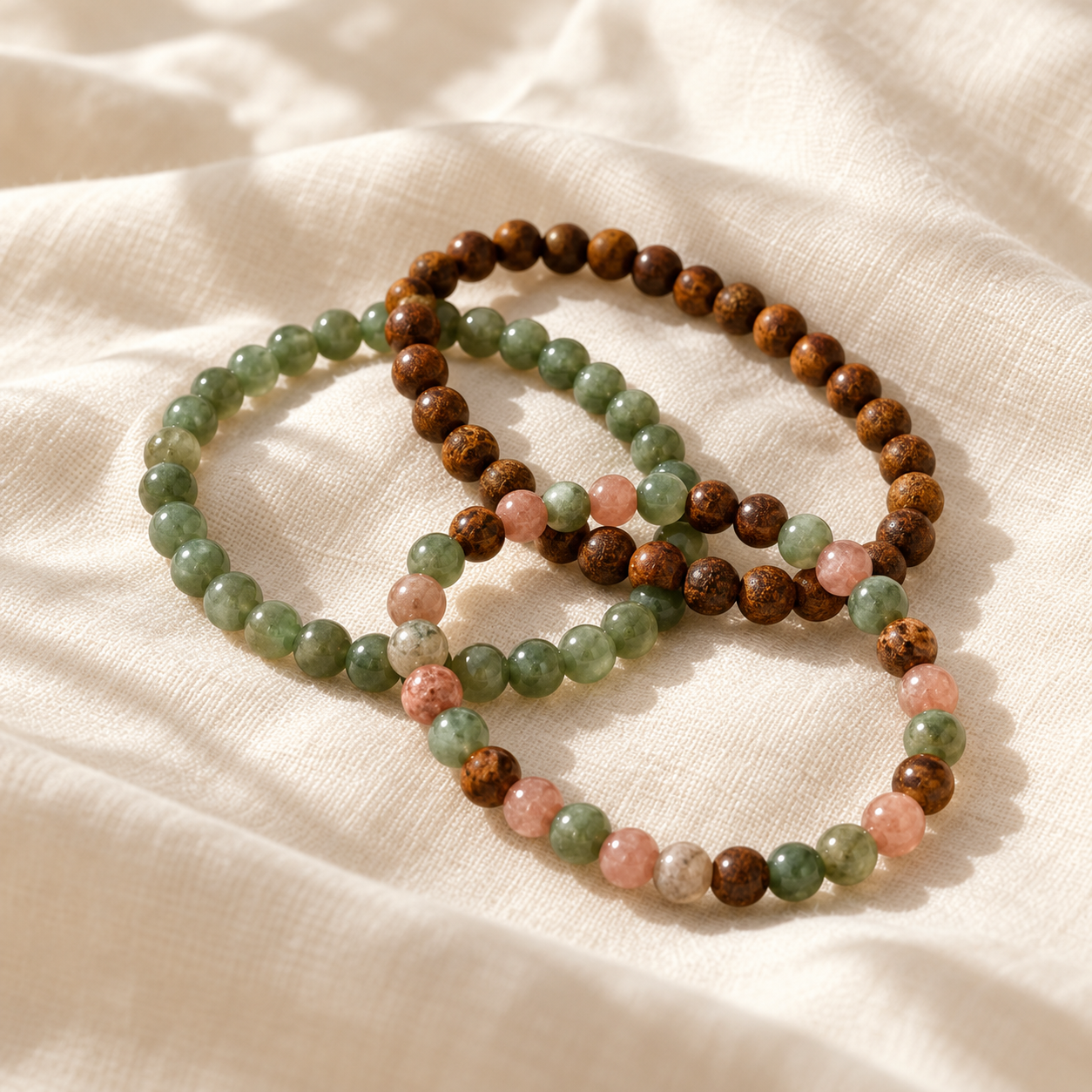 Botanical scent bracelets paired with natural gemstones