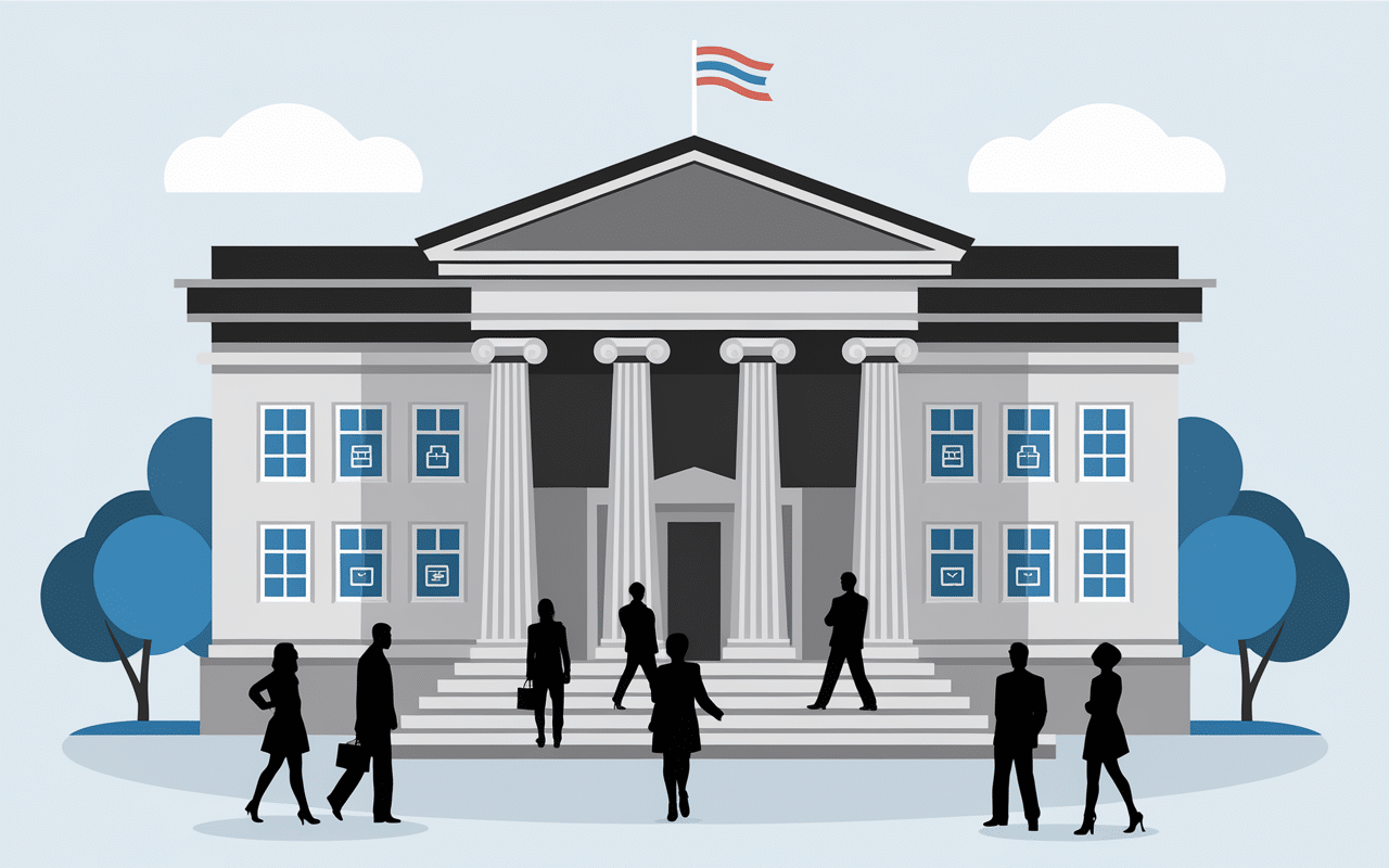 Bâtiment administratif et interface Intraparis avec icônes services