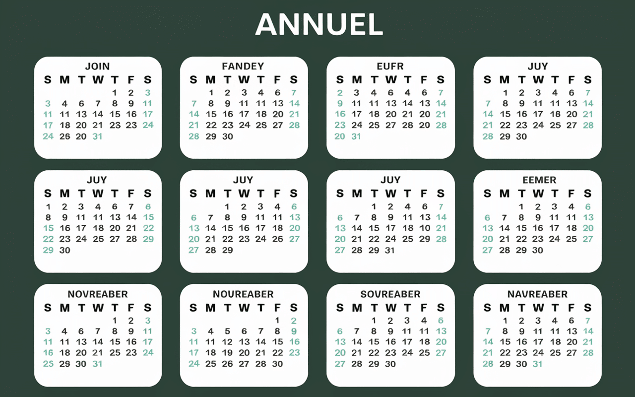 calendrier annuel jours ouvrés mois et an