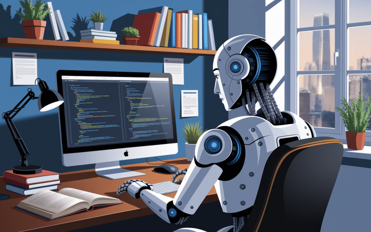 robot claude ai devant ordinateur bureau moderne