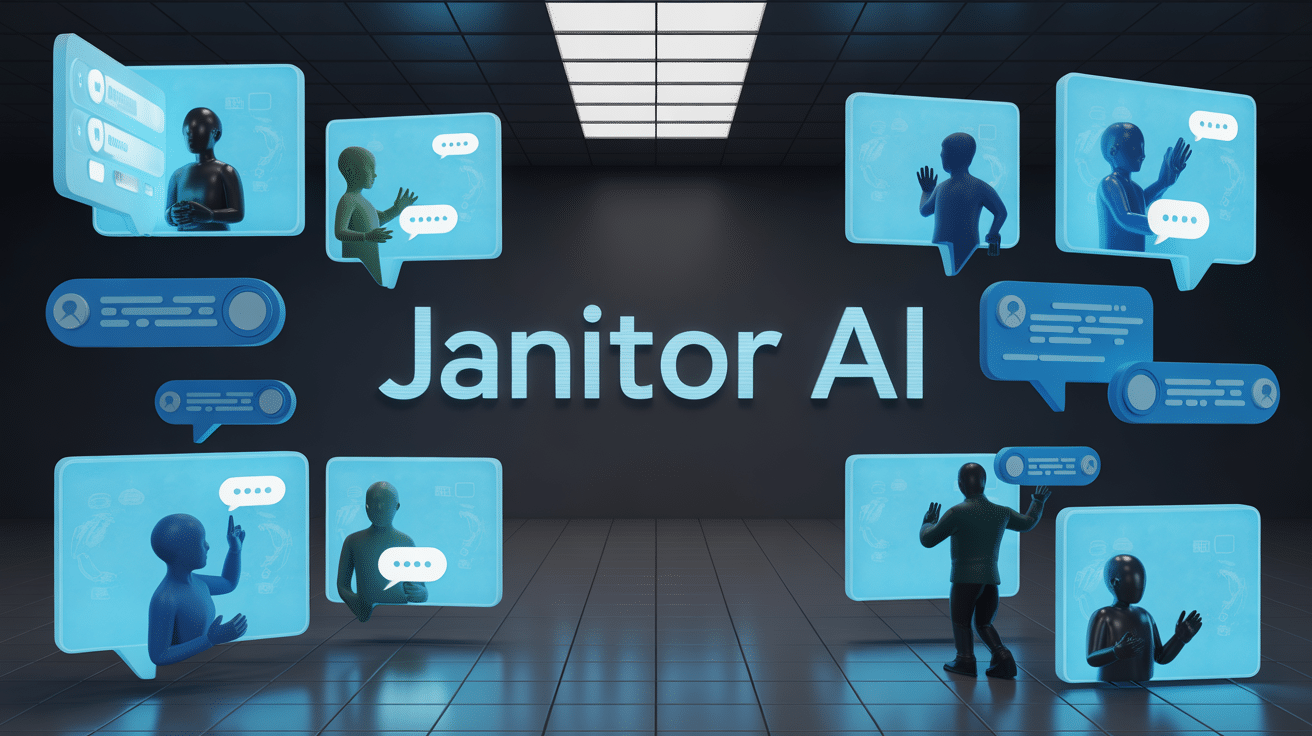 Interface futuriste Janitor AI avec bulles conversationnelles et écrans holographiques