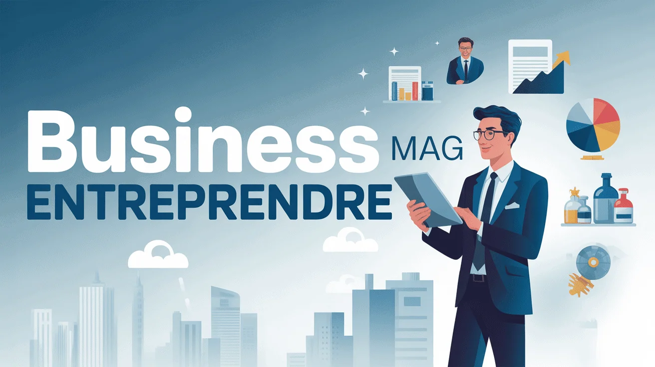 Entrepreneur avec tablette et icônes business