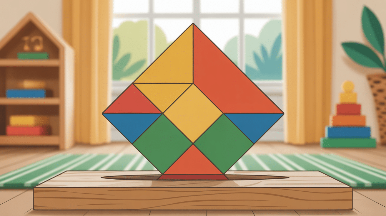 Tangram montessori sur plateau en bois dans environnement calme