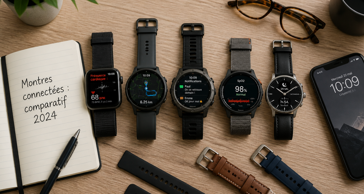 comparatif montre connectée cinq modèles sur bureau