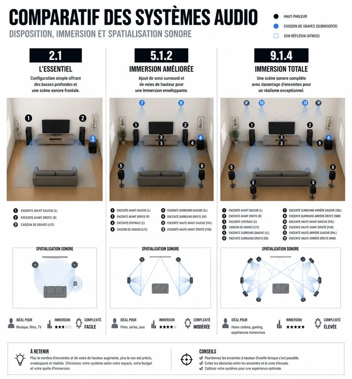 Infographie comparative des configurations de barres de son 2.1, 5.1.2 et 9.1.4 pour un comparatif barre de son