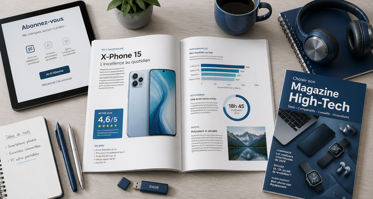 magazine high tech ouvert sur bureau moderne