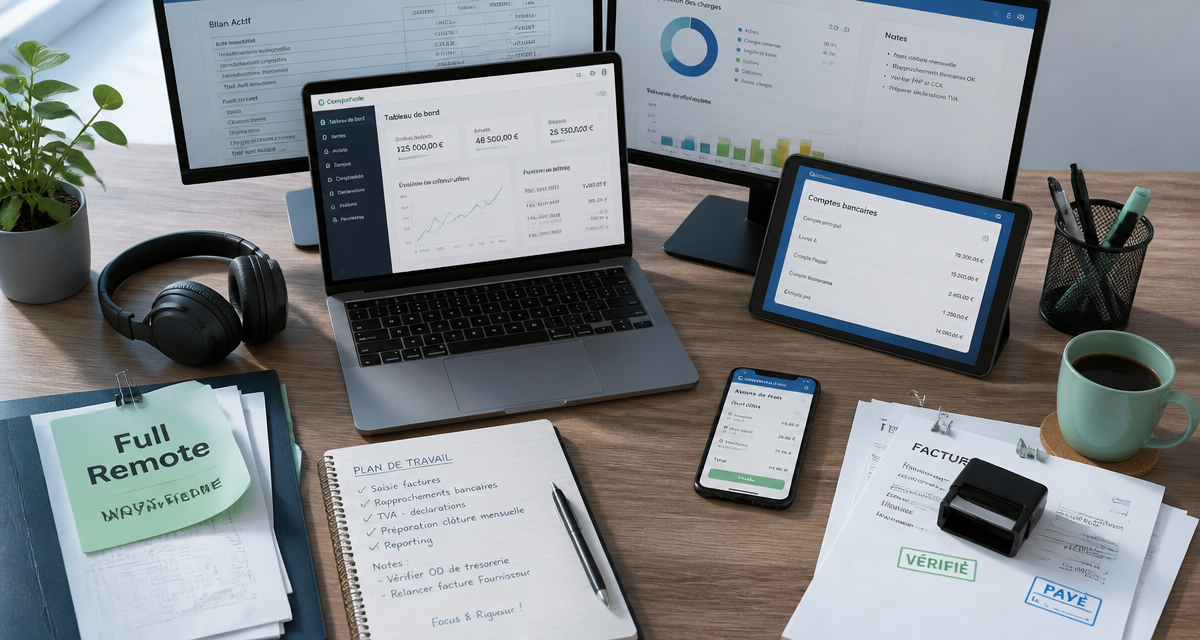 comptable full remote en télétravail sur bureau organisé