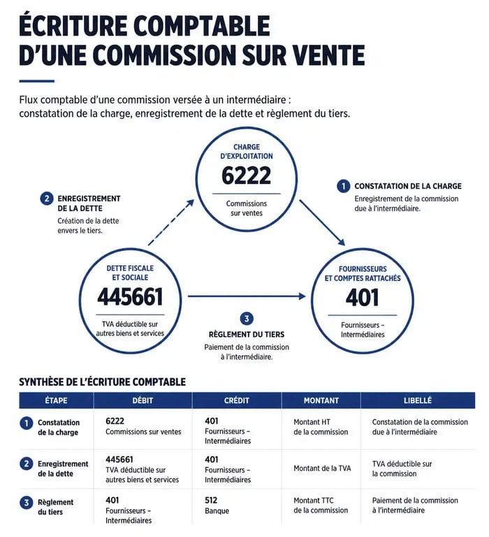 Schéma comptable de l'enregistrement d'une commission sur vente dans le compte 6222