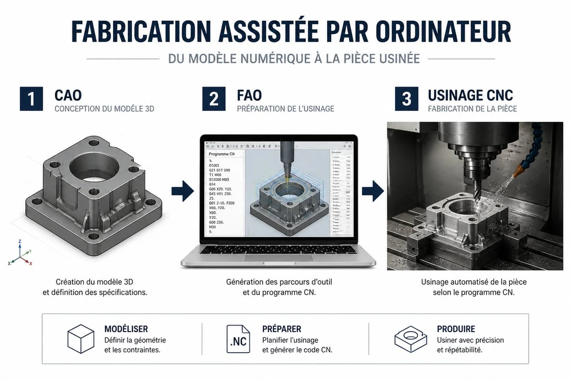 Schéma explicatif du flux de travail d'un logiciel FAO reliant la conception CAO à l'usinage CNC