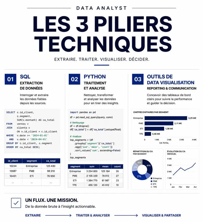 Infographie des compétences techniques clés pour une reconversion en data analyst