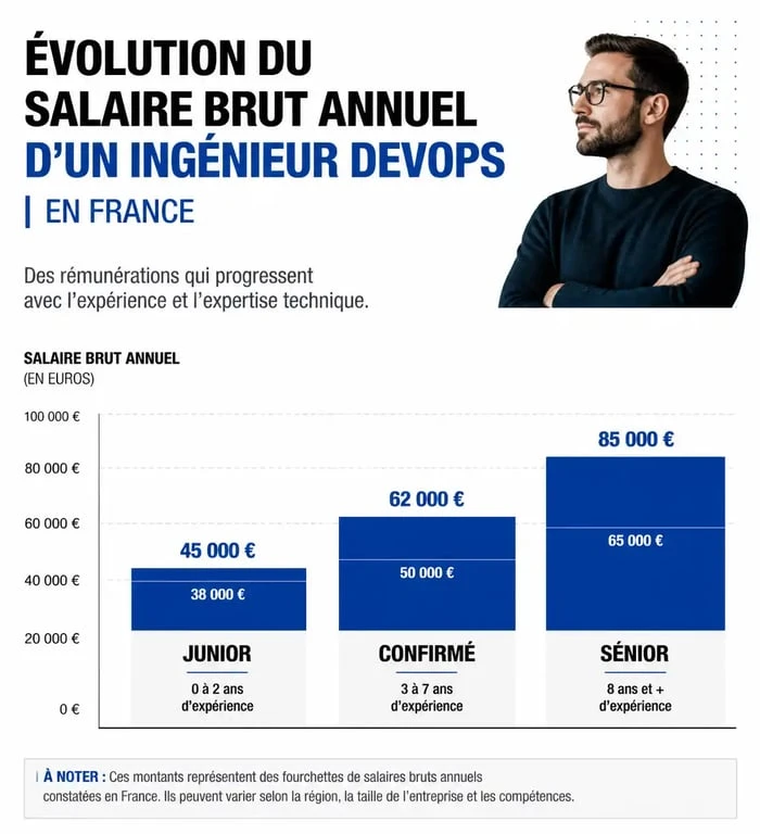 Évolution du salaire brut annuel d'un ingénieur DevOps en France selon l'expérience