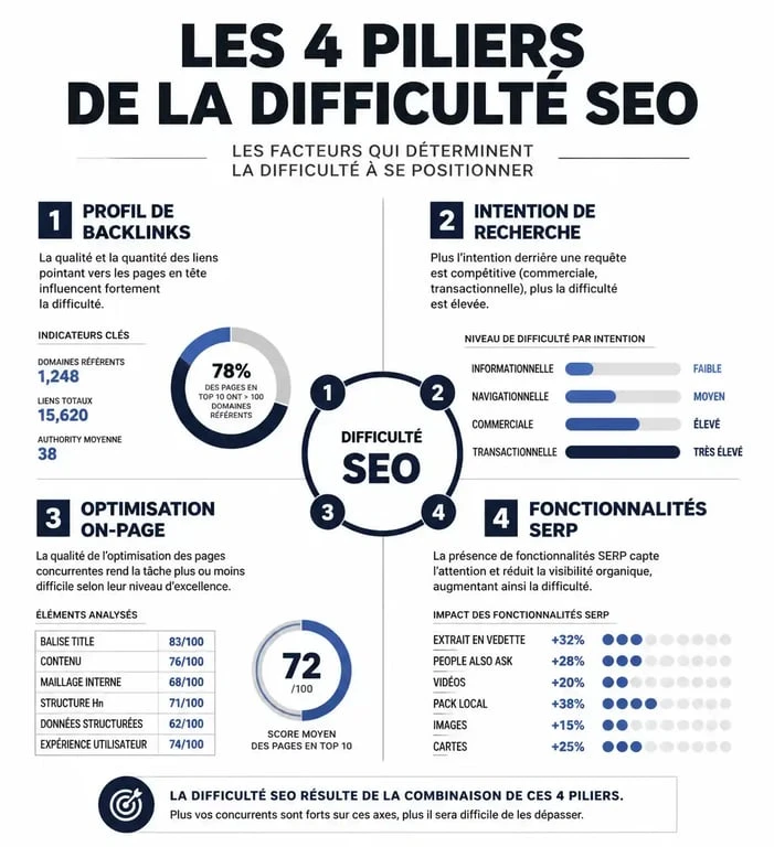 Les 4 piliers de la difficulté SEO : backlinks, intention, on-page et fonctionnalités SERP