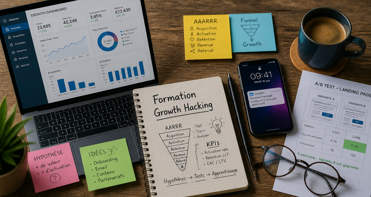 Bureau d'expert en formation growth hacking avec dashboard et carnet