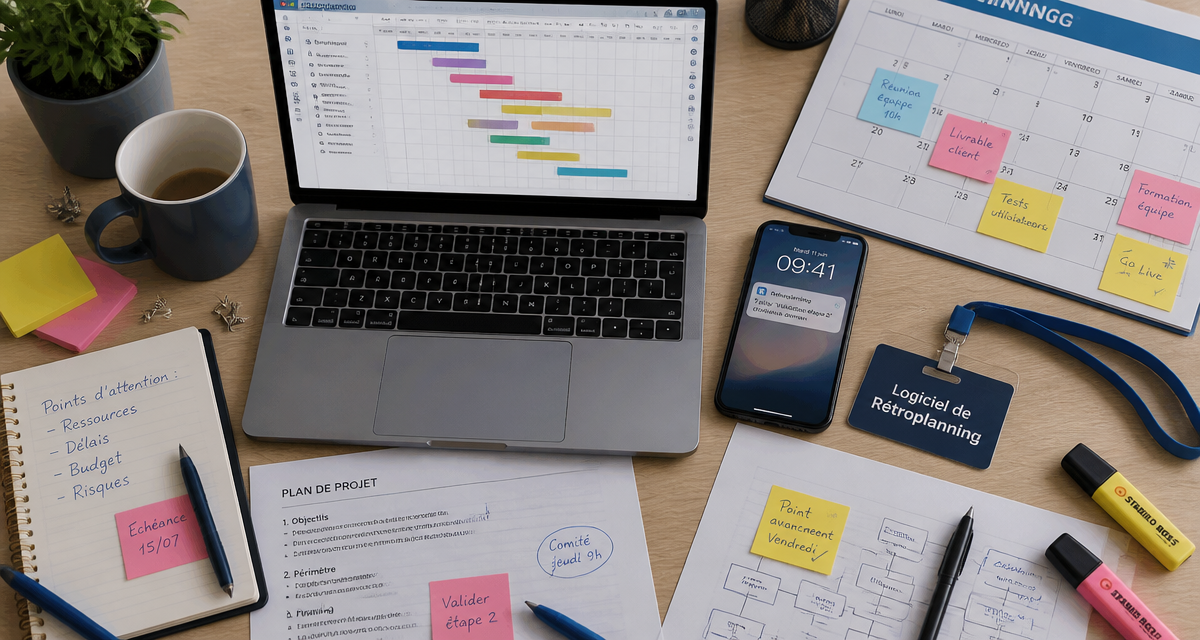 logiciel retroplanning sur bureau avec diagramme Gantt