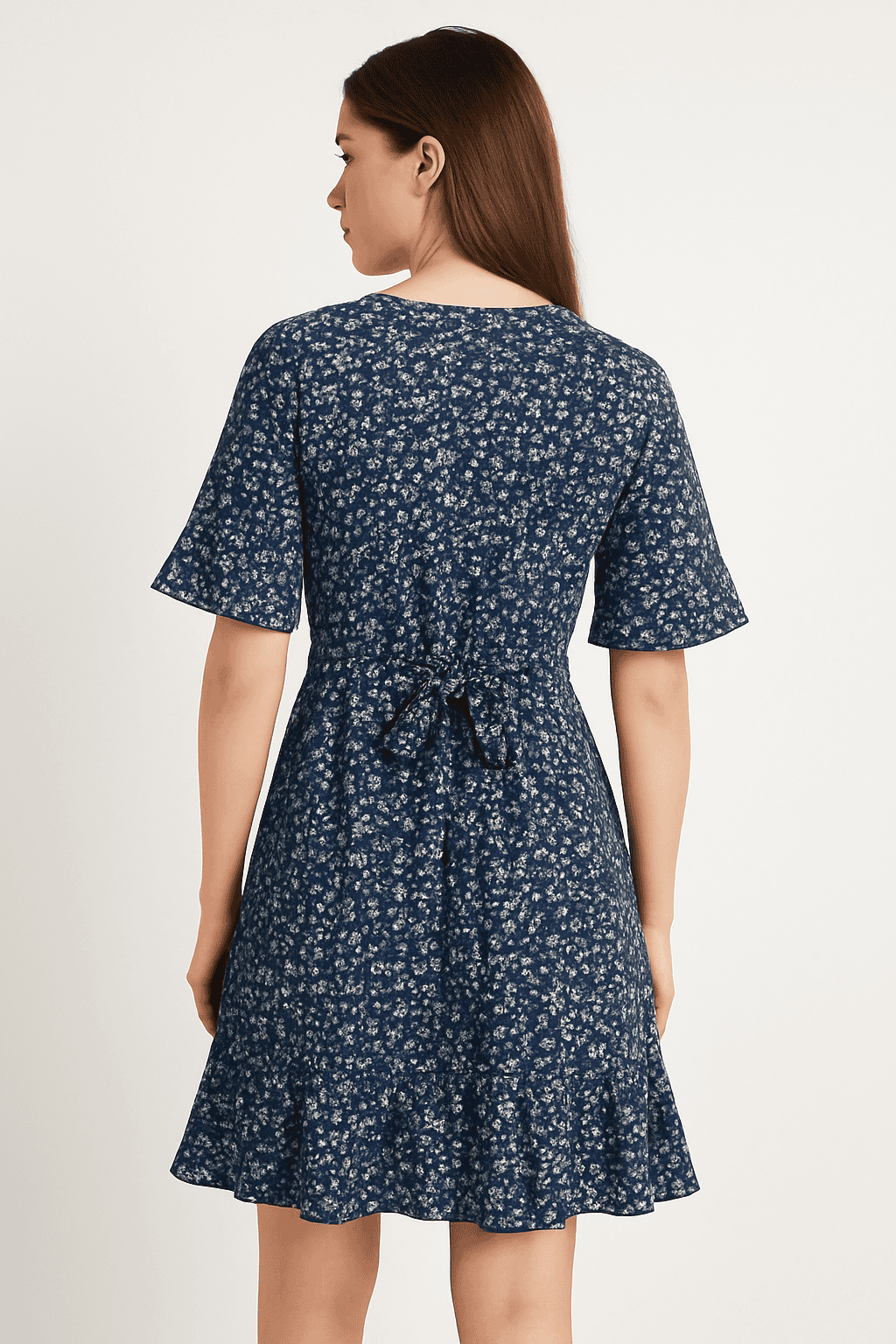 knee length navy blue casual dress Navy Blue Short Bridesmaid Dresses Off Shoulders Lace homecoming Dress with  Sleeves main image 0