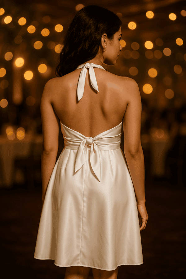 Halter-Neck Satin Mini Dress with Crisscross Waistband and Double Back Knot