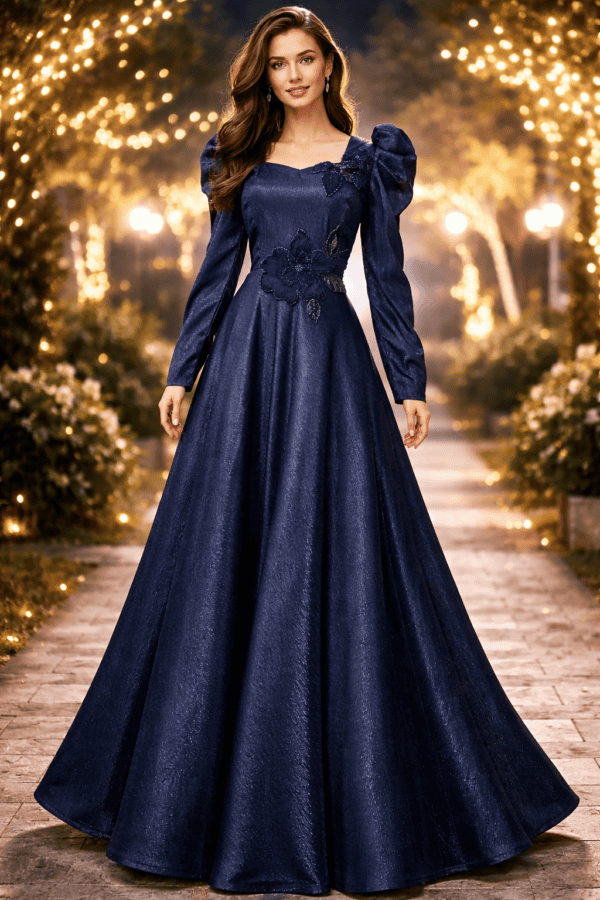 donna claire evening dresses Navy Embellished Long Sleeve Evening Dress With Trail – Shimmi Dresses main image 0