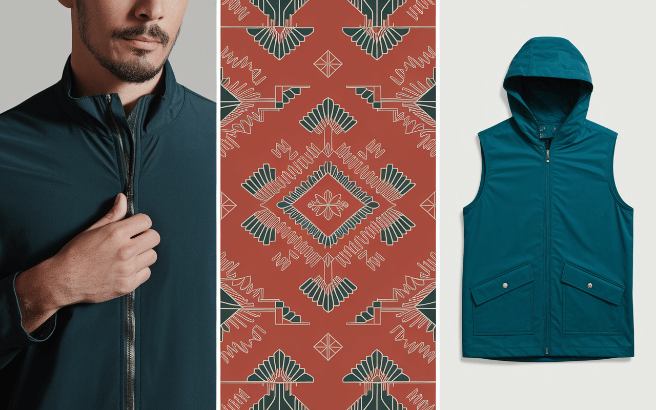 Gros plan vêtements : imperméable technique, tissu oriental, veste pluie.