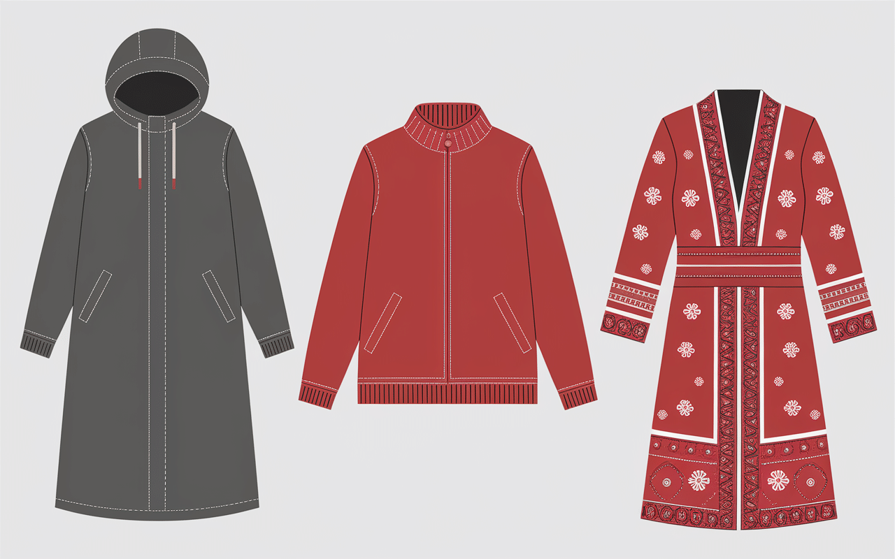 Illustration de vêtements en i : imperméable gris, veste rouge, tissu oriental.