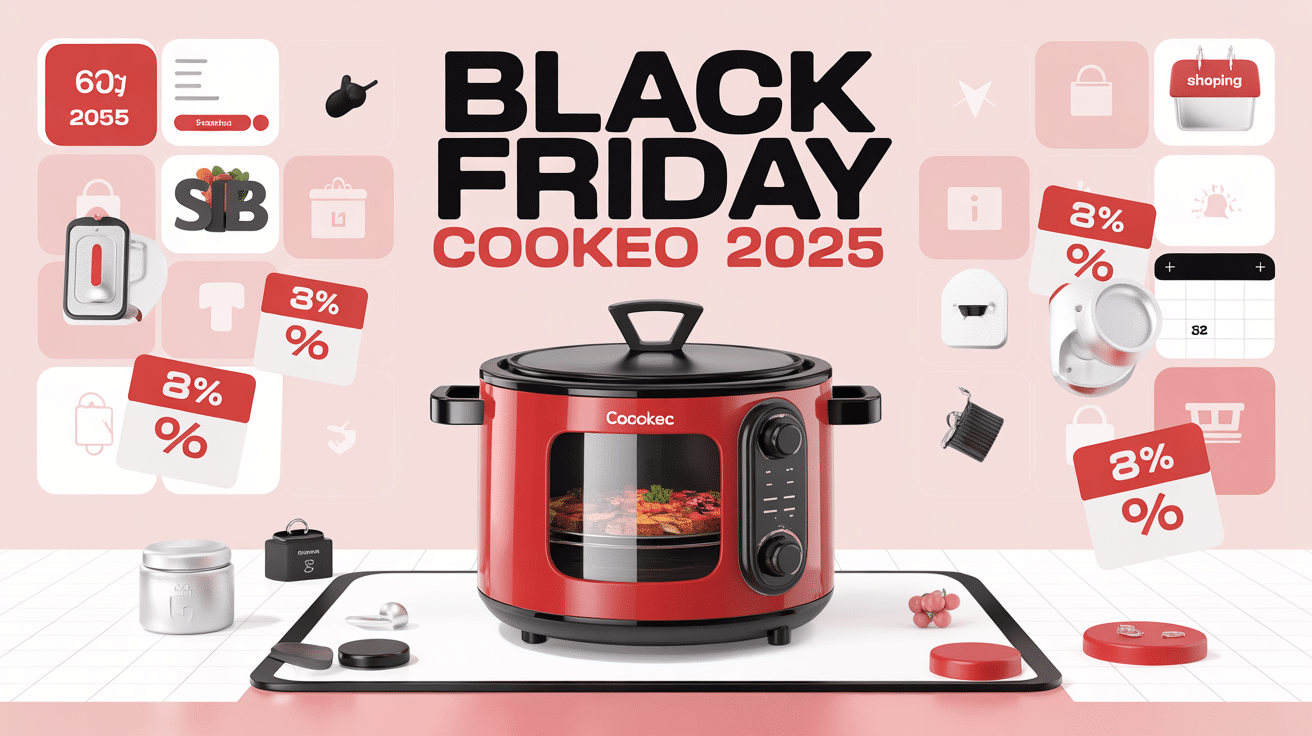 Multicuiseur Cookeo Black Friday avec étiquette de prix et icônes shopping