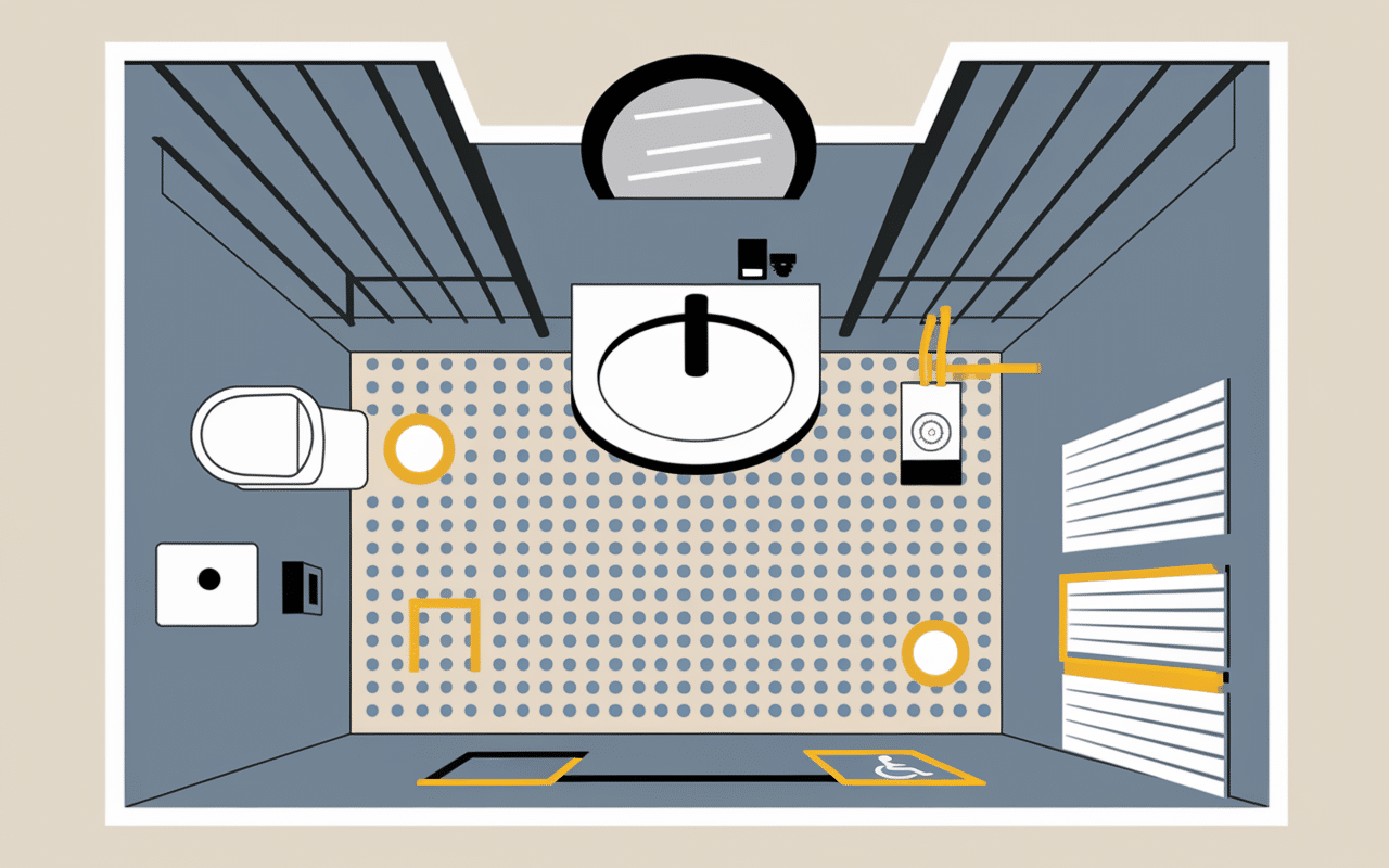 Plan salle de bain accessible avec hauteur lavabo PMR et zone de manœuvre