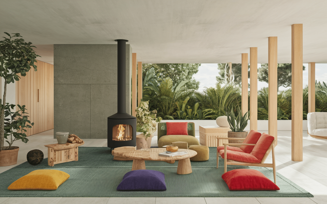Intérieur yourte poêle bois et mobilier design