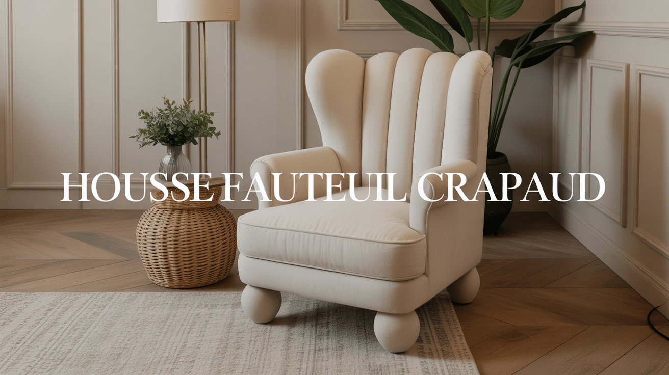Fauteuil crapaud avec housse beige dans salon chaleureux