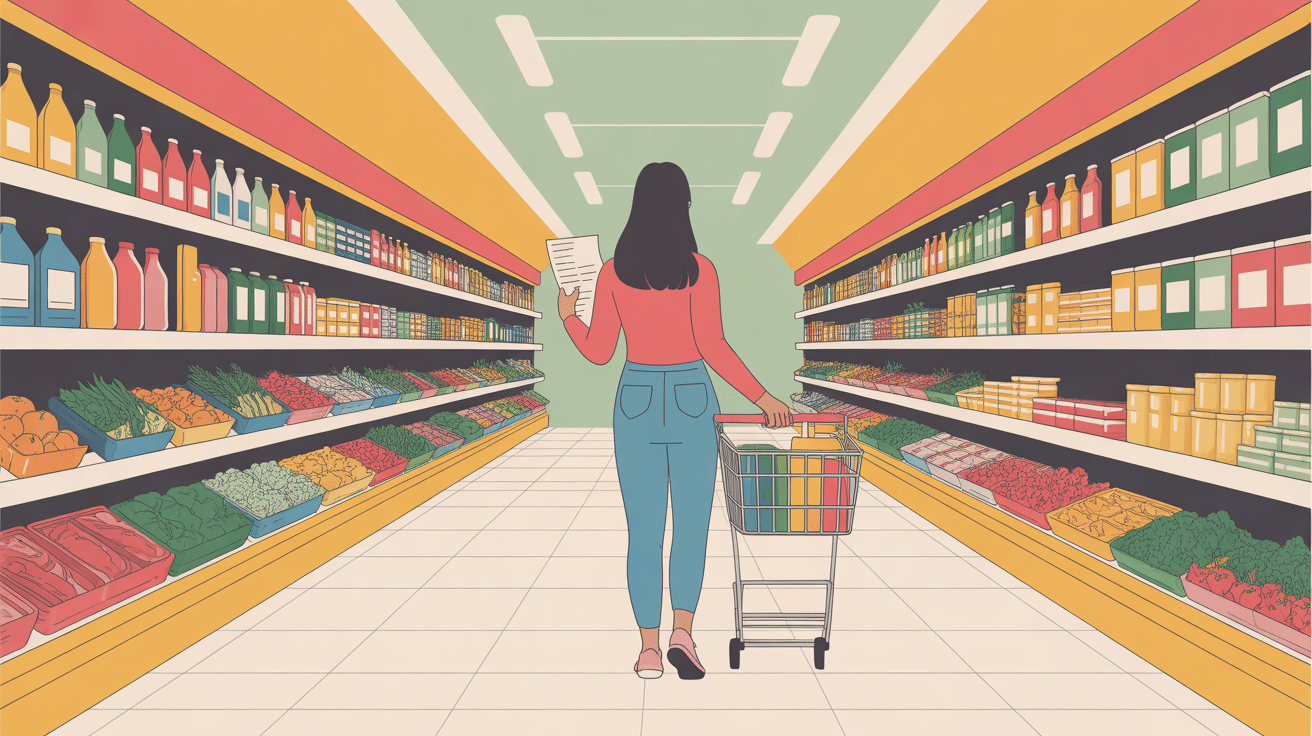 femme avec liste de courses à imprimer au supermarché