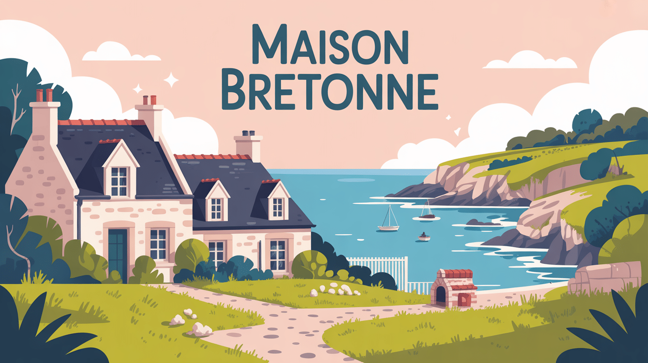 illustration maison bretonne campagne et mer