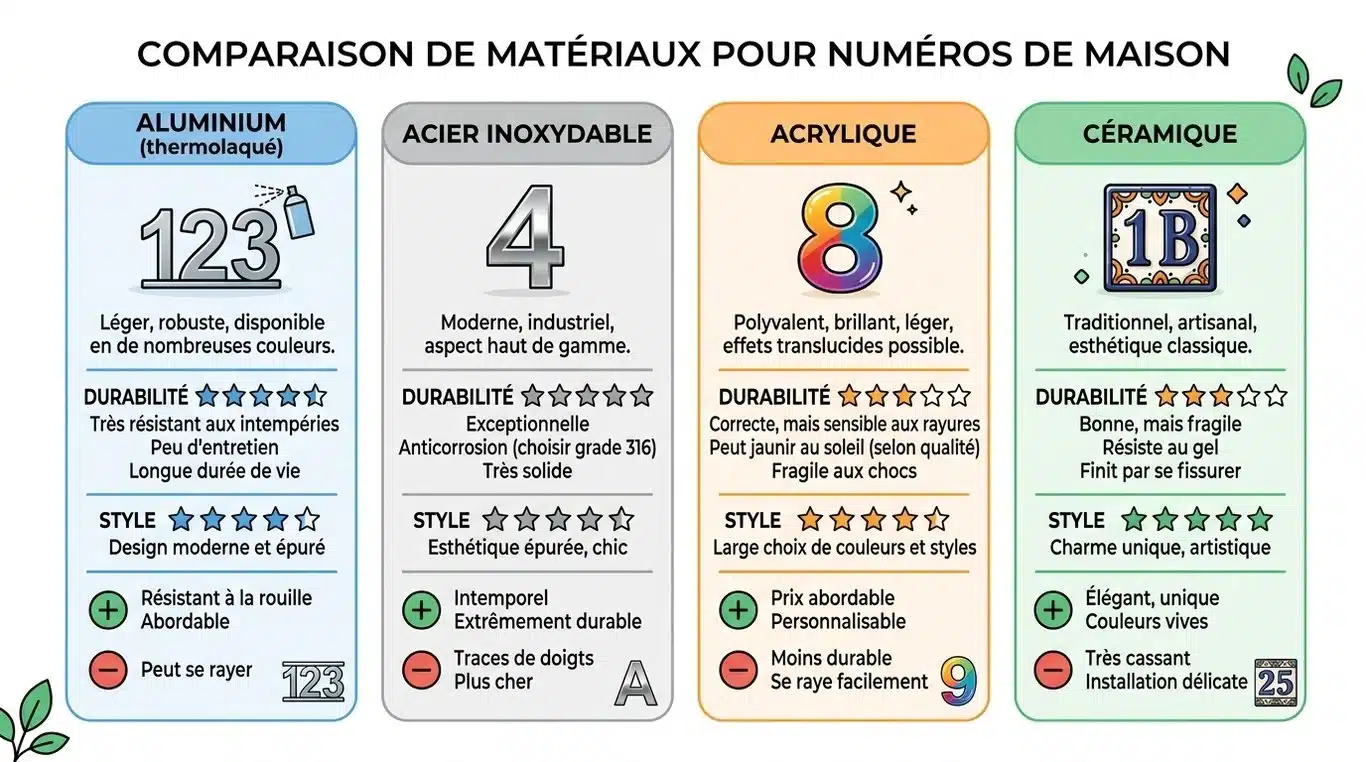 Infographie comparative des matériaux pour numéros de maison design