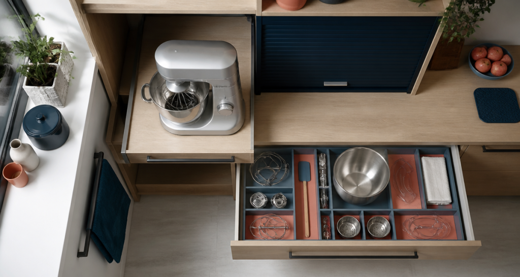 Plateau escamotable pour robot de cuisine et plan de travail allégé