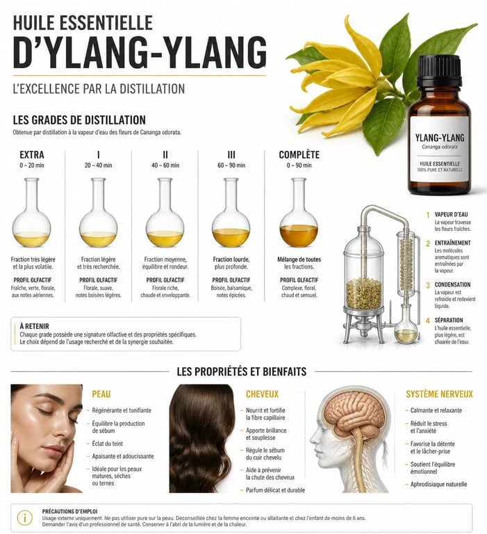 Infographie sur les bienfaits et les grades de distillation de l'huile essentielle d'ylang ylang