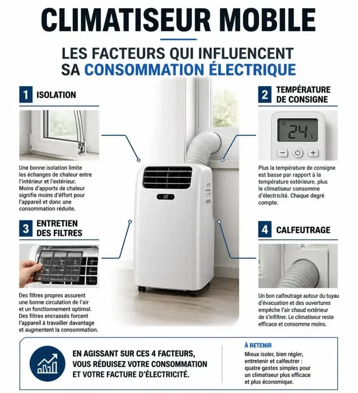 Infographie des facteurs influençant la consommation électrique d'un climatiseur mobile